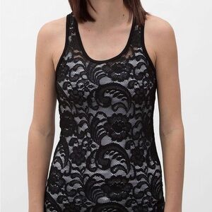 BKE Black Lace Overlay Tank Top M Floral Sheer Lace Sleeveless Made in Canada